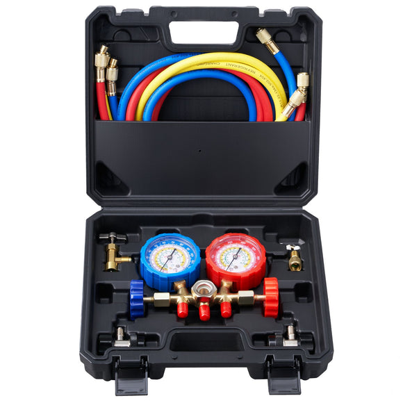VEVOR AC Gauge Set - 3 Way AC Manifold Gauge Set for R134A R22 R12 R502 Refrigerant, Freon Gauges with 5ft Hoses, Couplers, Can Tap Works on Car Auto Freon Charging and Evacuation