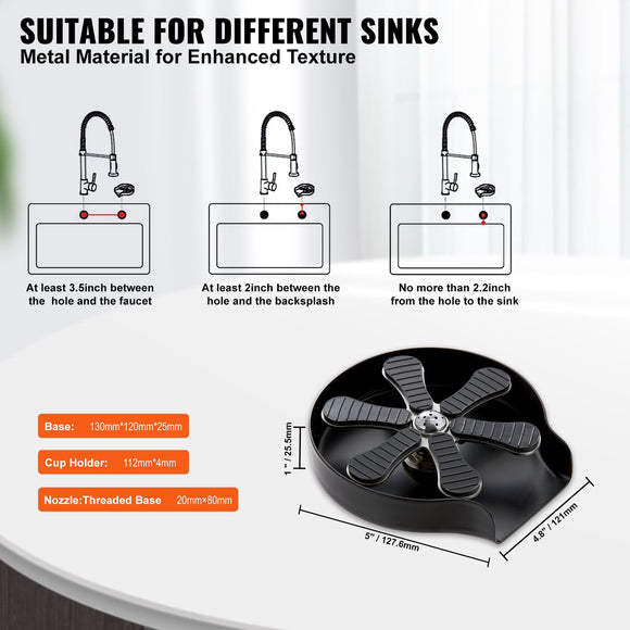 VEVOR Glass Rinser, 10 Powerful Spraying Jets Rotating Cup Rinser for Sink, 304 Stainless Steel Faucet Cup Washer & Silicone Nonslip Pad for Baby Bottle, Glass Cup, Wine Glass (Matte Black Base)