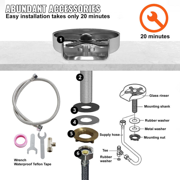 VEVOR Glass Rinser, 10 Powerful Spraying Jets Rotating Cup Rinser for Sink, 304 Stainless Steel Faucet Cup Washer & Silicone Nonslip Pad for Baby Bottle, Glass Cup, Wine Glass (Matte Black Base)