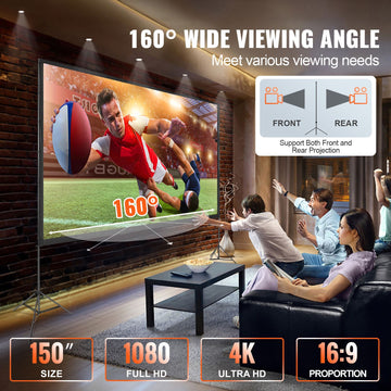 Projector Screen with Stand, 150 inch 16:9 4K 1080 HD Outdoor Movie Screen with Stand, Wrinkle-Free Projection Screen with Tripods and Carry Bag, for Home Theater Cinema Backyard Movie Night - 0