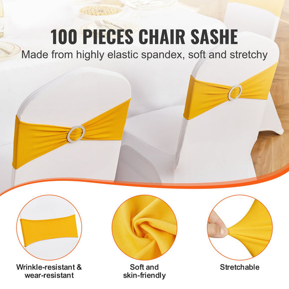 Stretch Spandex Chair Sashes, Chair Slipcover and Stretch Chair Sash with Round Buckle, Elastic Chair Bands, Fitting Wedding, Holiday, Banquet, Party Chair Decoration (100 PCS Golden Yellow)