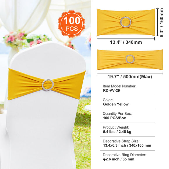 Stretch Spandex Chair Sashes, Chair Slipcover and Stretch Chair Sash with Round Buckle, Elastic Chair Bands, Fitting Wedding, Holiday, Banquet, Party Chair Decoration (100 PCS Golden Yellow)