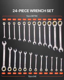 Combination Wrench Set 24 PCS SAE 1/4" - 7/8" Metric 8-19mm Organizer Rack - 0