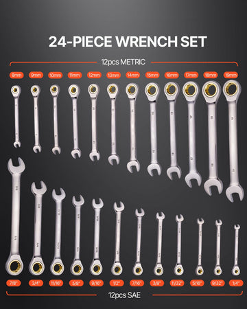 Combination Wrench Set 24 PCS SAE 1/4" - 7/8" Metric 8-19mm Organizer Rack - 0
