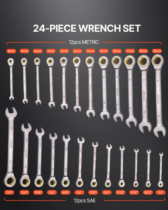 VEVOR Combination Wrench Set 24 PCS SAE 1/4" - 7/8" Metric 8-19mm Organizer Rack