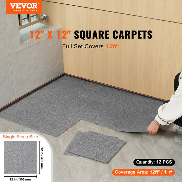 VEVOR Carpet Tiles Peel and Stick, Squares Self Adhesive Carpet Floor Tile, Soft Padded Carpet Tiles, Easy Install DIY for Bedroom Living Room Indoor Outdoor (12 Tiles, Light Gray)