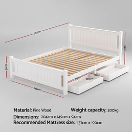 Artiss Bed Frame Double Size Wooden Platform with 2 Storage Drawers White RIO - 0