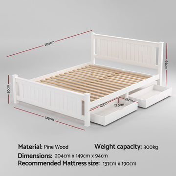 Artiss Bed Frame Double Size Wooden Platform with 2 Storage Drawers White RIO - 0