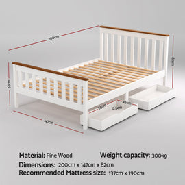 Artiss Bed Frame Double Size Wooden Platform with 2 Storage Drawers White PONY - 0