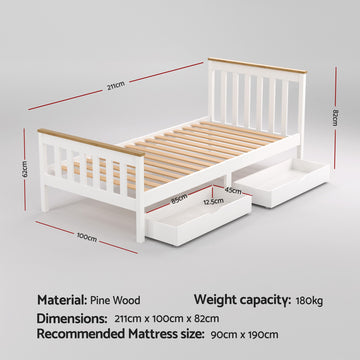 Artiss Bed Frame Single Size Wooden Platform with 2 Storage Drawers White PONY - 0
