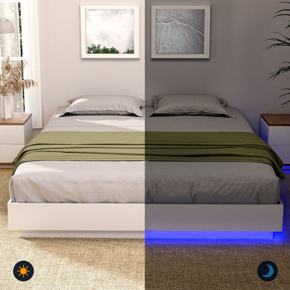 Artiss Double Bed Frame with 16Colour Led Light Wooden Platform Bed Base DAYGLOW