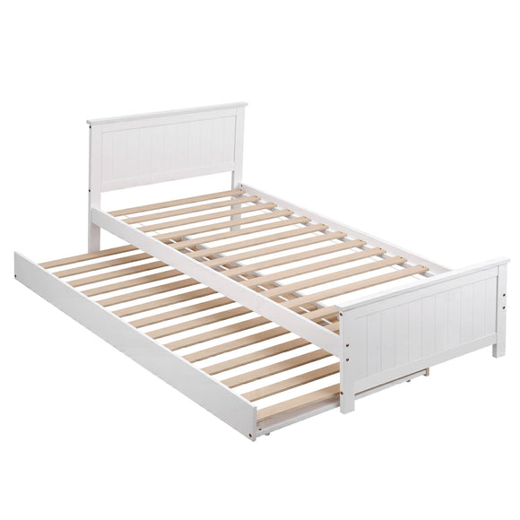 Artiss Single Bed Frame with Trundle Solid Wood Toddler Bunk Bed with Headboard White