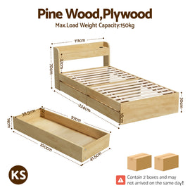 Artiss King Single Bed Frame with 2 Drawers Platform Bed with Headboard Bed Base with USB Ports Natural - 0