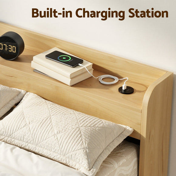Artiss King Single Bed Frame with 2 Drawers Platform Bed with Headboard Bed Base with USB Ports Natural