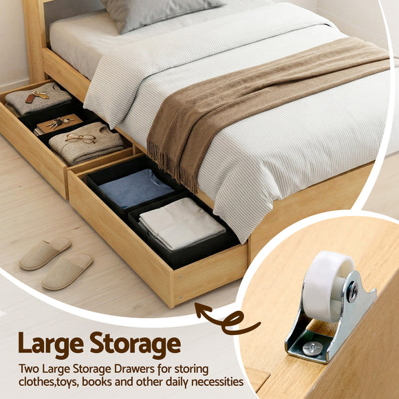 Artiss King Single Bed Frame with 2 Drawers Platform Bed with Headboard Bed Base with USB Ports Natural