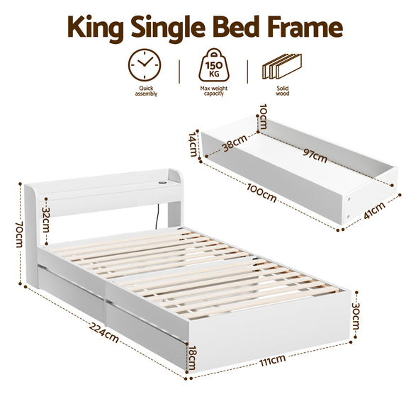 Artiss Bed Frame King Single Size with Charging Ports and 2 Drawers AURA
