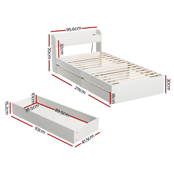 Artiss Bed Frame Single Size with Charging Ports and 2 Drawers AURA