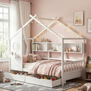Artiss Kids Single Bed Frame with 3 Storage Bookcase & 2 Drawers House Bed Solid Wood Montessori Bed Easy Assembly White-1