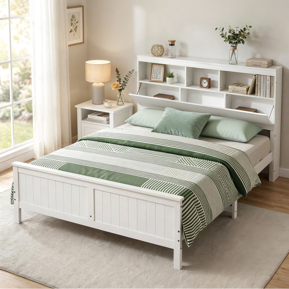 Artiss Queen Bed Frame with Storage Headboard and Footboard Wooden Bed Base White