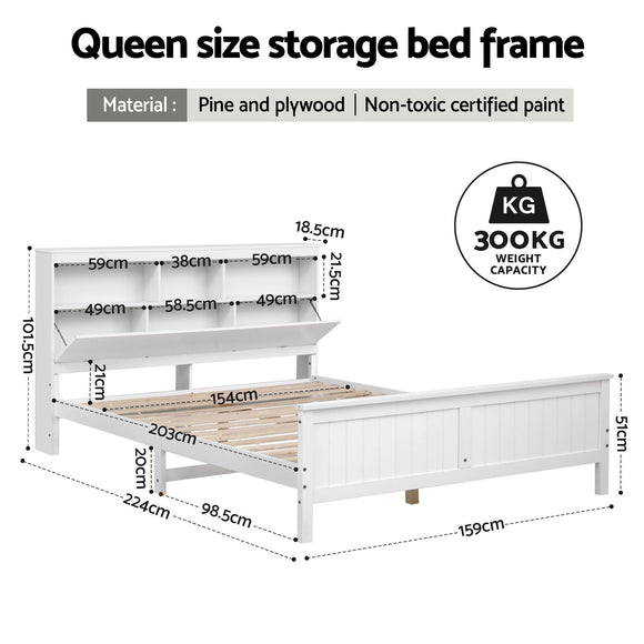 Artiss Queen Bed Frame with Storage Headboard and Footboard Wooden Bed Base White