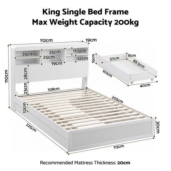 Artiss King Single Bed Frame with Storage, 4 Drawers, USB and Night Light White