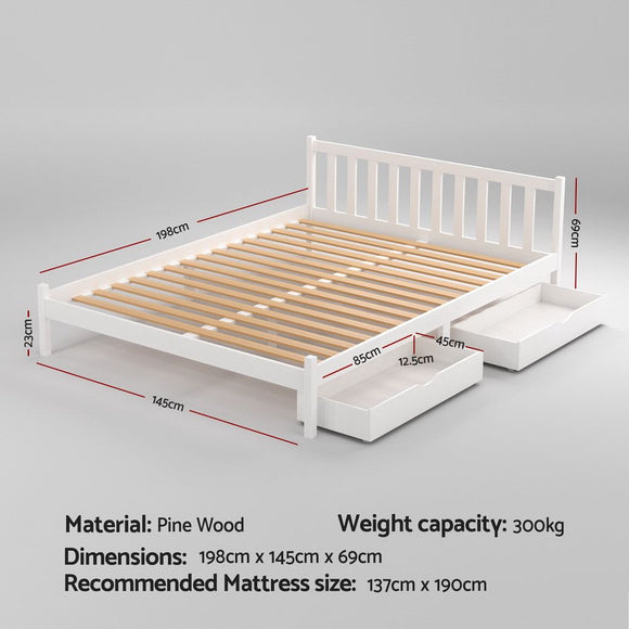 Artiss Bed Frame Double Size Wooden Platform with 2 Storage Drawers White SOFIE