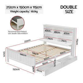 Artiss Bed Frame Double Size Wooden with 3 Shelves Bed Head White - 0