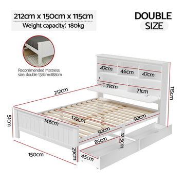 Artiss Bed Frame Double Size Wooden with 3 Shelves Bed Head White - 0