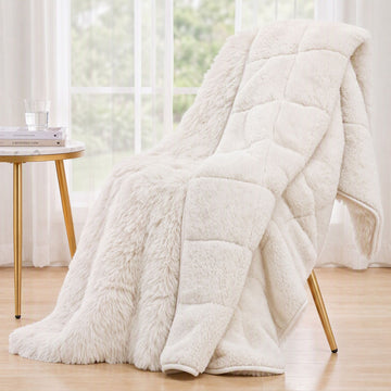 Giselle Faux Fur Weighted Blanket 2 Sided Long Pile Sherpa Reverse Cream 11KG 152 x 203cm