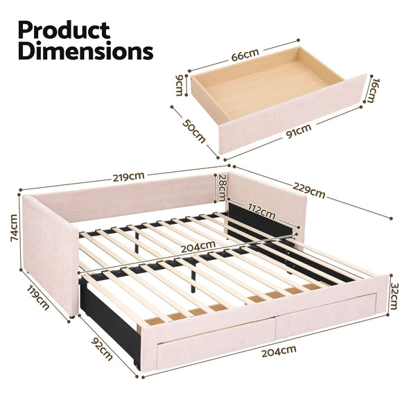 Artiss King Single Extendable Daybed with 2 Storage Drawers and USB, Pink