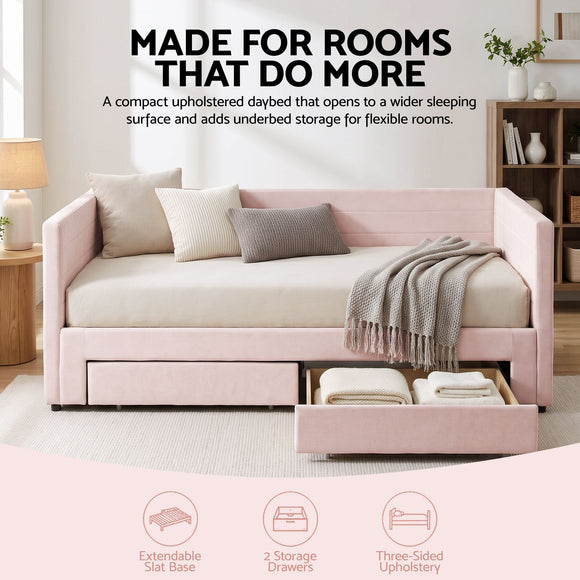 Artiss Single Extendable Daybed with 2 Storage Drawers, Pink