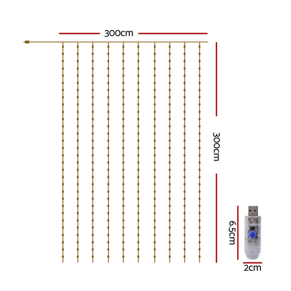 Jingle Jollys 3X3M Christmas Lights Curtain String Light 300 LED Cool White
