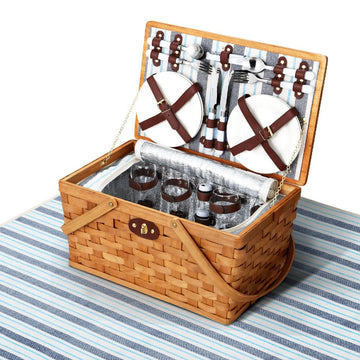 Alfresco 4 Person Picnic Basket Set Wooden Blanket Bag Insulated - RnR Galore