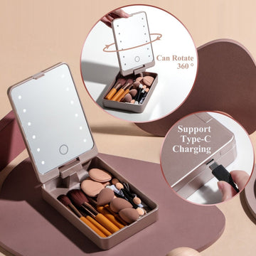 All - in - One Portable Makeup Brush Kit with LED Mirror Travel Case, Sponges & Applicators(pink) - RnR Galore