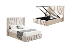 Allure Beige Velvet Gas Lift Bed - King - RnR Galore