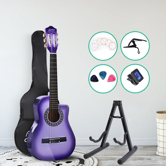 Alpha 34 Inch Classical Guitar Wooden Body Nylon String w/ Stand Beignner Purple - RnR Galore