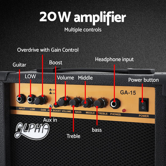 Alpha Electric Guitar Music String Instrument 20W Amplifier Black - RnR Galore