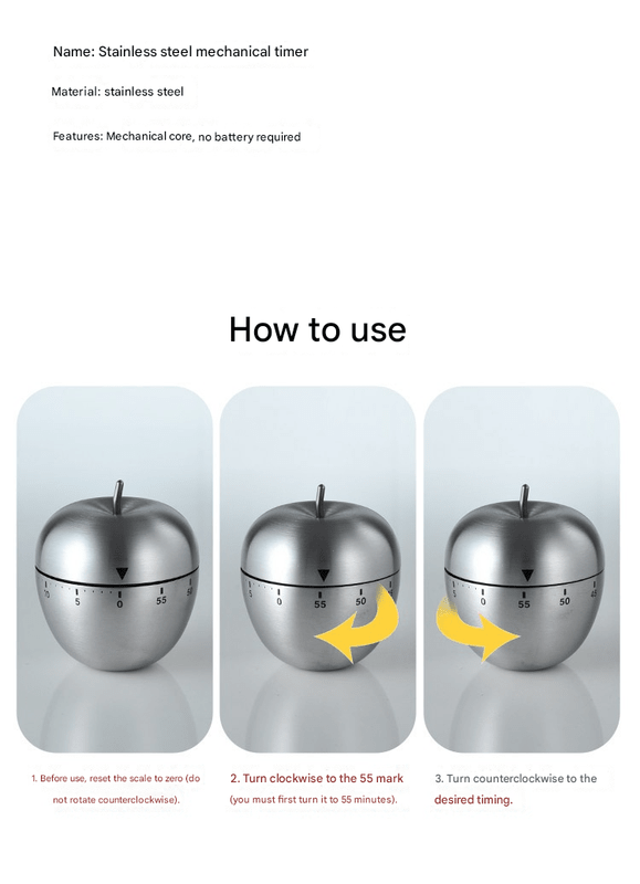 Apple Shape Stainless Steel Kitchen Timer Mechanical Cooking Timer - Wind - Up 60 Minute Countdown Timer - Loud Ring 72dB Baking Tool with Non - Slip Base - Battery - Free Analog Timer for Home Office - RnR Galore