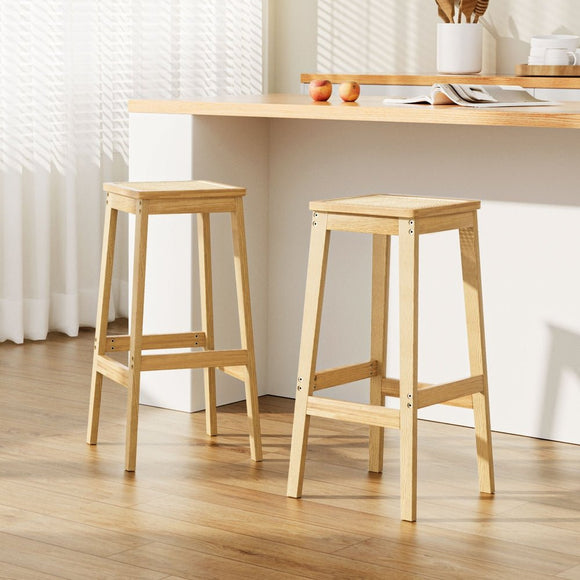 Artiss 2x Bar Stools Rubber Wood Stool Counter Chair Rattan Barstools Kitchen - RnR Galore