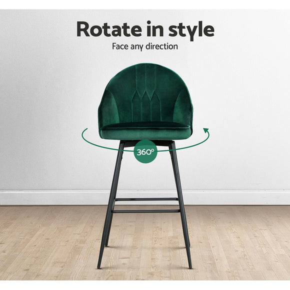 Artiss 2x Bar Stools Velvet Swivel Metal Legs Green - RnR Galore