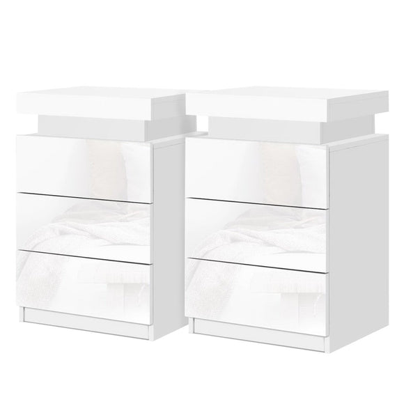 Artiss 2X Bedside Table LED 3 Drawers - COLEY White - RnR Galore