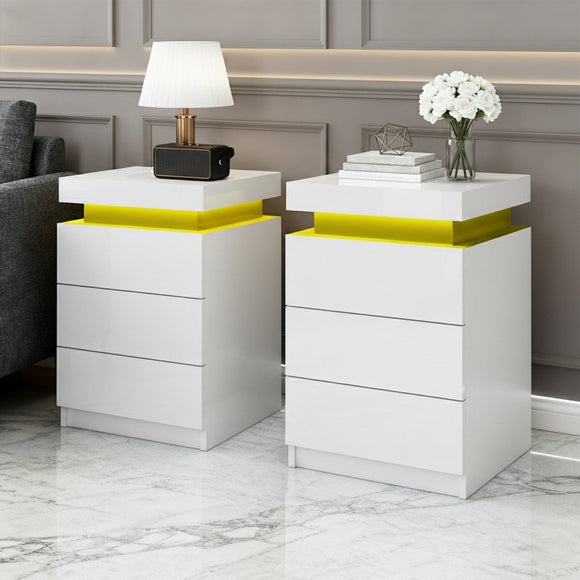 Artiss 2X Bedside Table LED 3 Drawers - COLEY White - RnR Galore