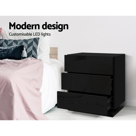 Artiss 2x Bedside Table LED 3 Drawers - MORI Black - RnR Galore