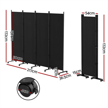 Artiss 4 Panel Room Divider Screen 217cm Wheel Fabric Black - RnR Galore