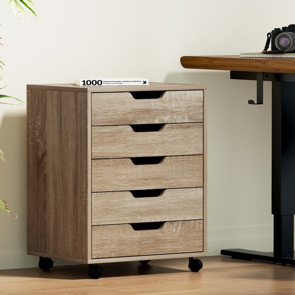 Artiss 5 - Drawer Filing Cabinet Mobile Rolling Storage Cabinet Chest of Drawers Stand Scratch Beige - RnR Galore