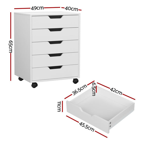 Artiss 5 - Drawer Filing Cabinet Mobile Rolling Storage Cabinet Chest of Drawers Stand White - RnR Galore