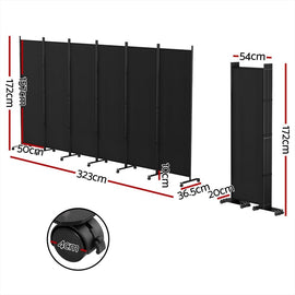 Artiss 6 Panel Room Divider Screen 323cm Wheel Fabric Black - RnR Galore