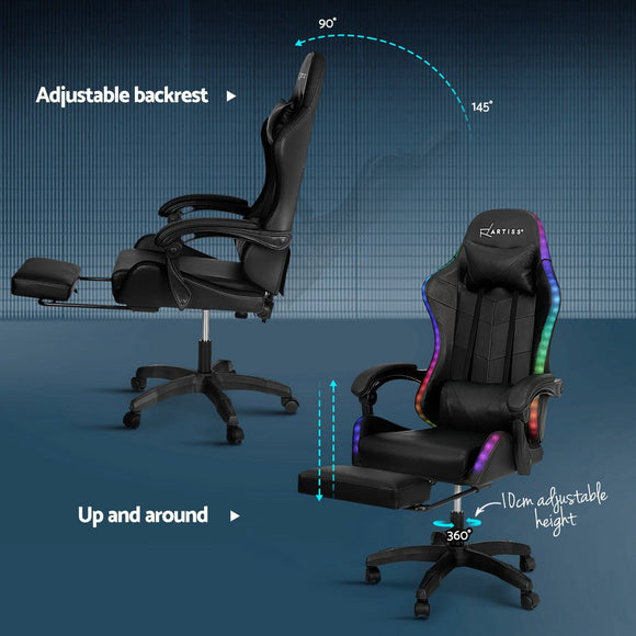 Artiss 6 Point Massage Gaming Office Chair 7 LED Footrest Black - RnR Galore