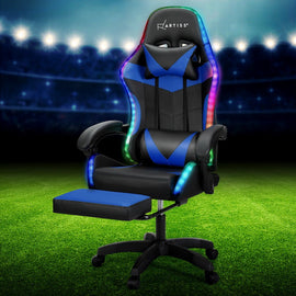 Artiss 6 Point Massage Gaming Office Chair 7 LED Footrest Blue - RnR Galore