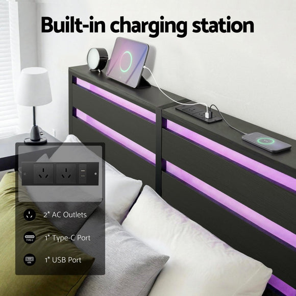Artiss Bed Frame Double Size LED Metal Bed Base with Charging Station - RnR Galore
